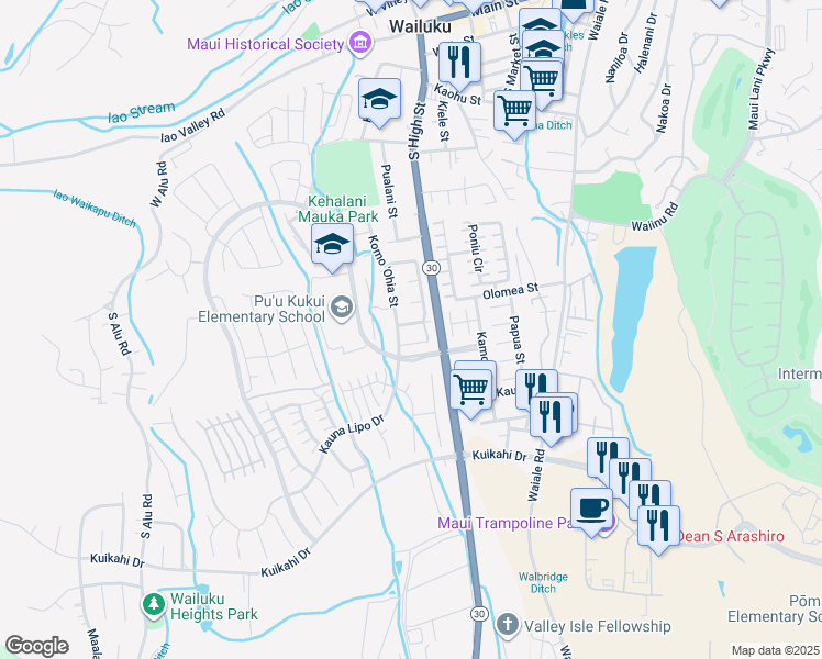 map of restaurants, bars, coffee shops, grocery stores, and more near 14 Kumulaau Ohia Loop in Wailuku