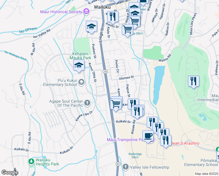 map of restaurants, bars, coffee shops, grocery stores, and more near 34 Kolopua Place in Wailuku
