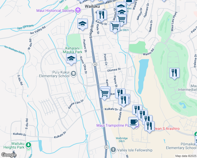 map of restaurants, bars, coffee shops, grocery stores, and more near 34 Kolopua Place in Wailuku
