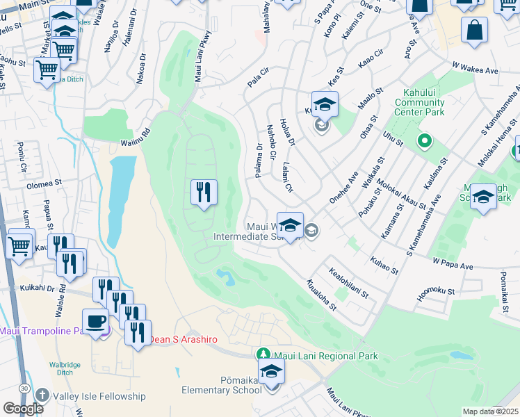 map of restaurants, bars, coffee shops, grocery stores, and more near 166 Huluhulu Street in Kahului