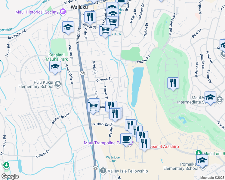 map of restaurants, bars, coffee shops, grocery stores, and more near 647 Meakanu Lane in Wailuku