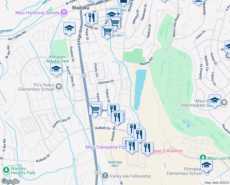 map of restaurants, bars, coffee shops, grocery stores, and more near 636 Meakanu Lane in Wailuku