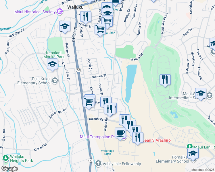 map of restaurants, bars, coffee shops, grocery stores, and more near 632 Meakanu Lane in Wailuku