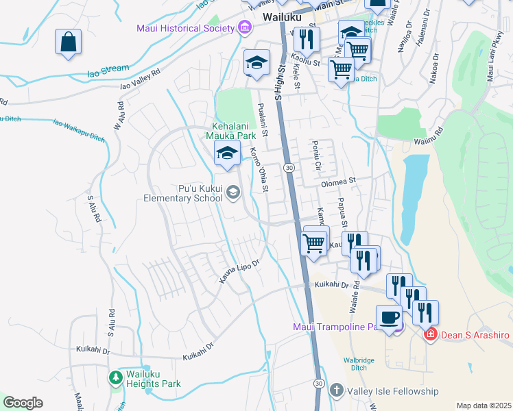 map of restaurants, bars, coffee shops, grocery stores, and more near 26 Uaha'a Place in Wailuku