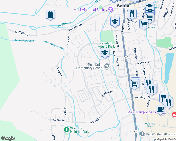 map of restaurants, bars, coffee shops, grocery stores, and more near 93 Pua Kalaunu in Wailuku