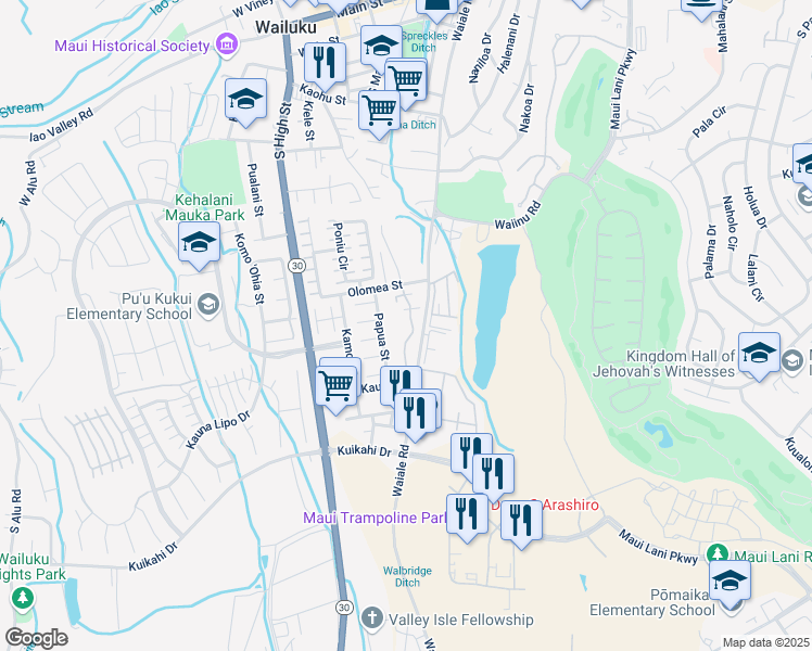 map of restaurants, bars, coffee shops, grocery stores, and more near 688 Meakanu Lane in Wailuku