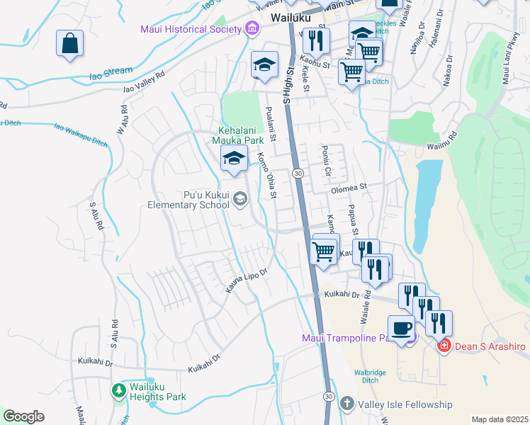 map of restaurants, bars, coffee shops, grocery stores, and more near 26 Uaha'a Place in Wailuku