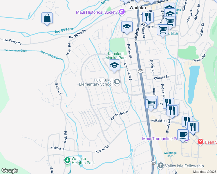 map of restaurants, bars, coffee shops, grocery stores, and more near 295 Pua Kalaunu in Wailuku