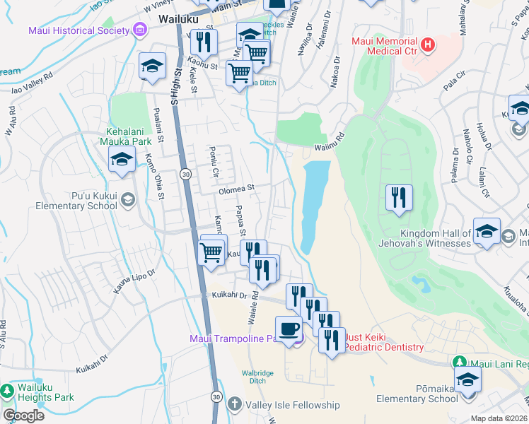 map of restaurants, bars, coffee shops, grocery stores, and more near 655 Meakanu Lane in Wailuku