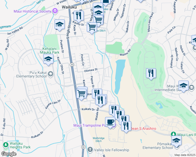 map of restaurants, bars, coffee shops, grocery stores, and more near 679 Meakanu Lane in Wailuku