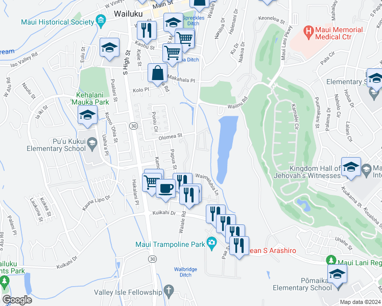 map of restaurants, bars, coffee shops, grocery stores, and more near 655 Meakanu Lane in Wailuku