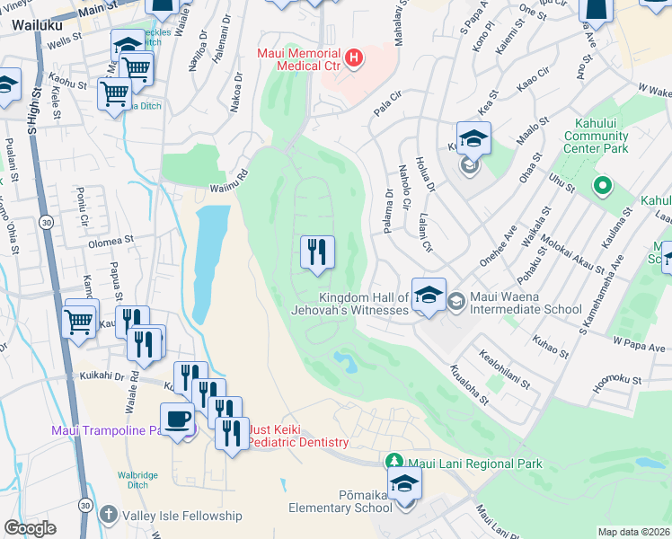 map of restaurants, bars, coffee shops, grocery stores, and more near 177 Kamalei Circle in Kahului