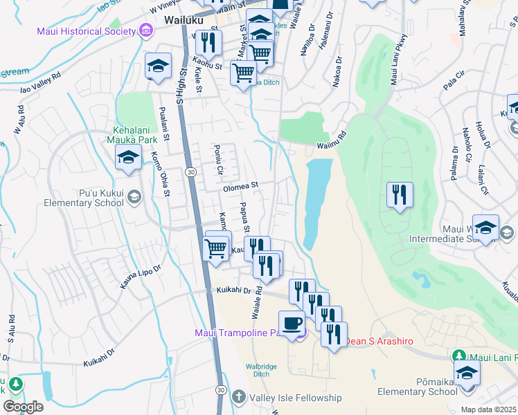 map of restaurants, bars, coffee shops, grocery stores, and more near 676 Meakanu Lane in Wailuku