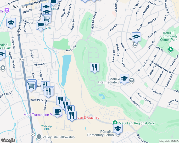 map of restaurants, bars, coffee shops, grocery stores, and more near 9 Inoa Po Place in Kahului