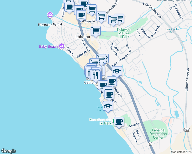 map of restaurants, bars, coffee shops, grocery stores, and more near 784 Front Street in Lahaina