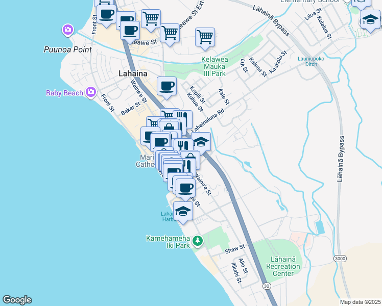 map of restaurants, bars, coffee shops, grocery stores, and more near 760 Wainee Street in Lahaina