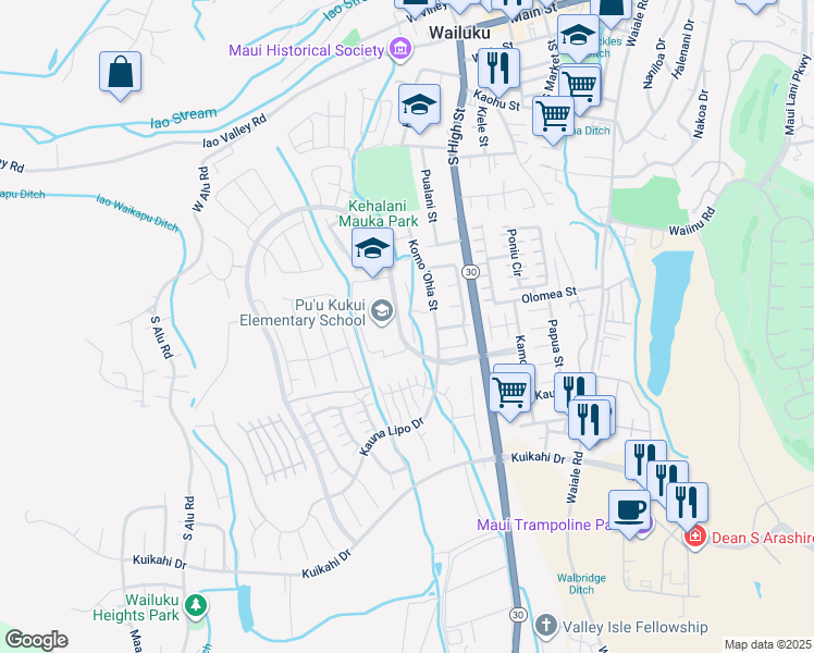 map of restaurants, bars, coffee shops, grocery stores, and more near 33 Uaha'a Place in Wailuku