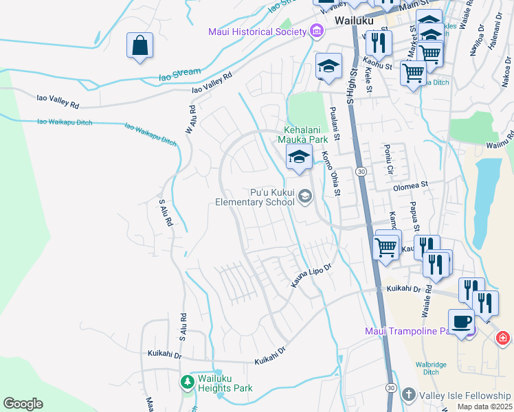 map of restaurants, bars, coffee shops, grocery stores, and more near 96 Pua Kalaunu in Wailuku