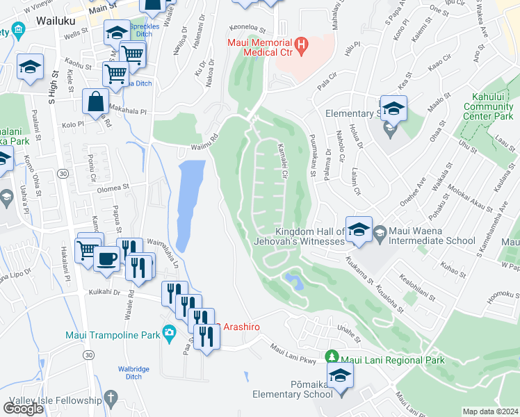 map of restaurants, bars, coffee shops, grocery stores, and more near 17 Inoa Po Place in Kahului
