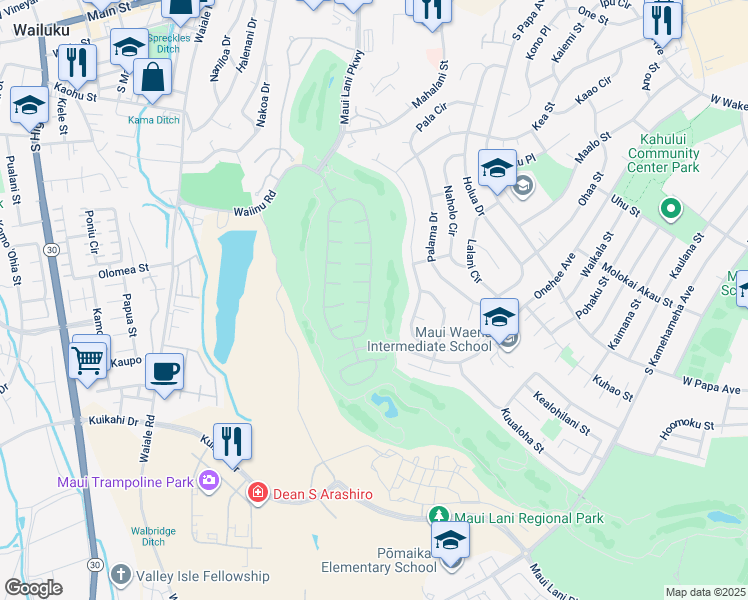 map of restaurants, bars, coffee shops, grocery stores, and more near 173 Kamalei Circle in Kahului
