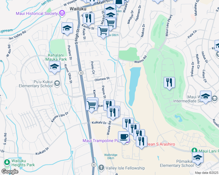 map of restaurants, bars, coffee shops, grocery stores, and more near 668 Meakanu Lane in Wailuku