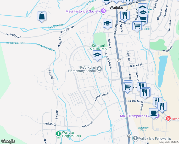 map of restaurants, bars, coffee shops, grocery stores, and more near 282 Pua Kalaunu in Wailuku