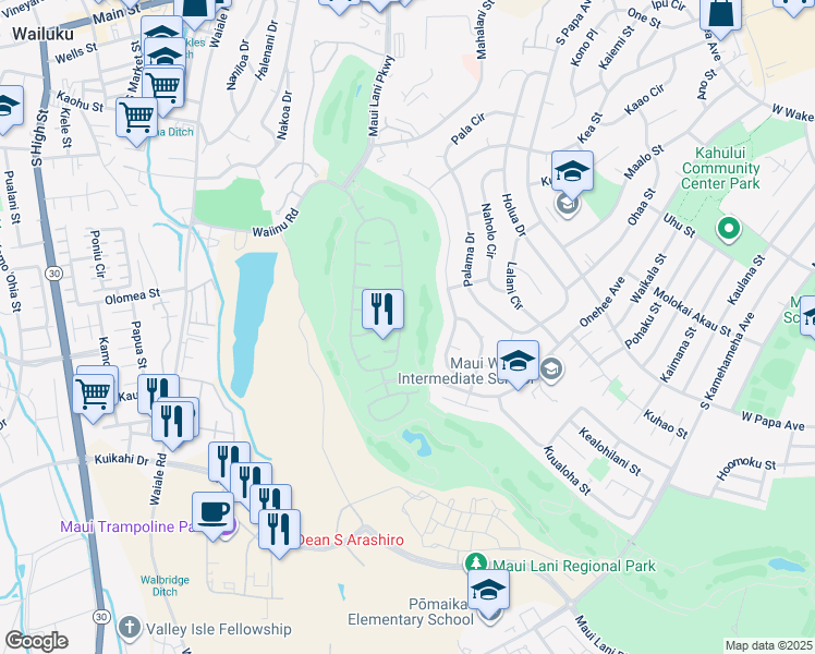 map of restaurants, bars, coffee shops, grocery stores, and more near 177 Kamalei Circle in Kahului