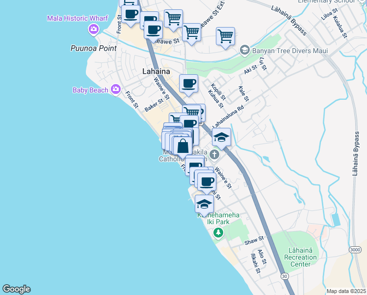 map of restaurants, bars, coffee shops, grocery stores, and more near 784 Front Street in Lahaina