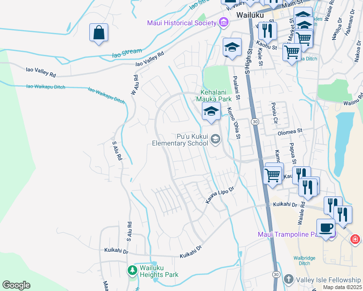 map of restaurants, bars, coffee shops, grocery stores, and more near 96 Pua Kalaunu in Wailuku