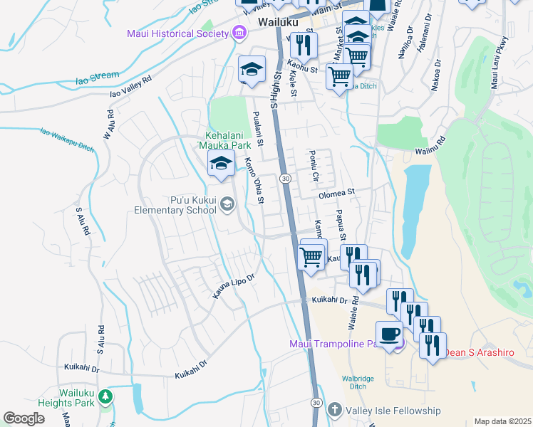 map of restaurants, bars, coffee shops, grocery stores, and more near 649 Koma 'Ohia Street in Wailuku