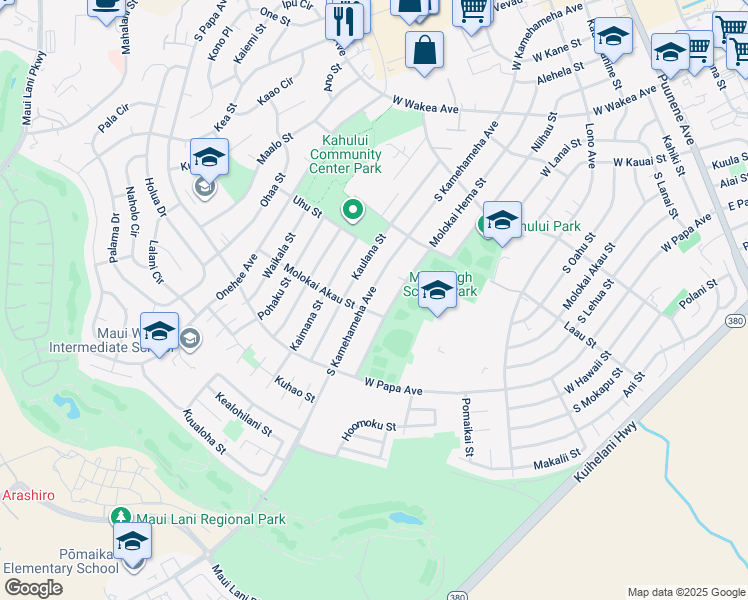 map of restaurants, bars, coffee shops, grocery stores, and more near 537 South Kamehameha Avenue in Kahului
