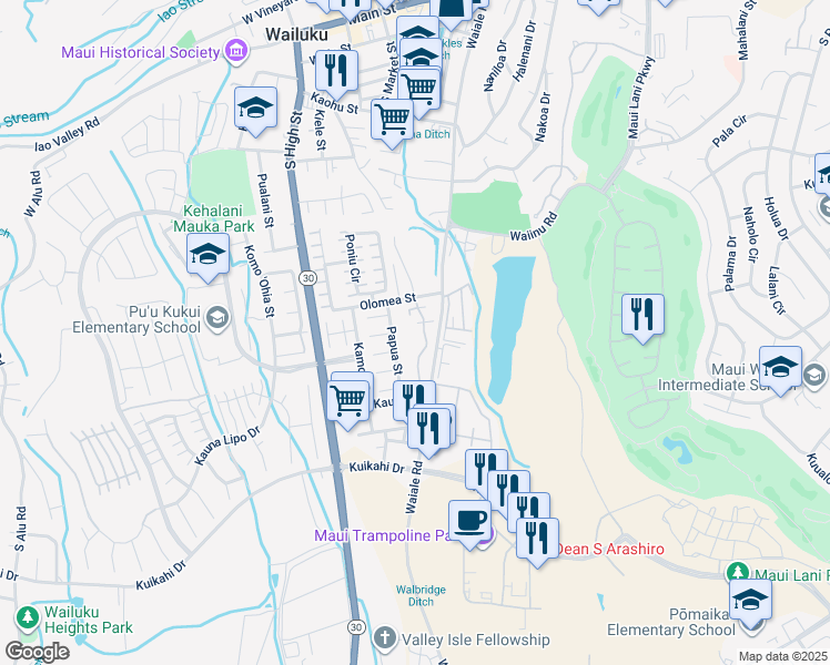 map of restaurants, bars, coffee shops, grocery stores, and more near 663 Meakanu Lane in Wailuku