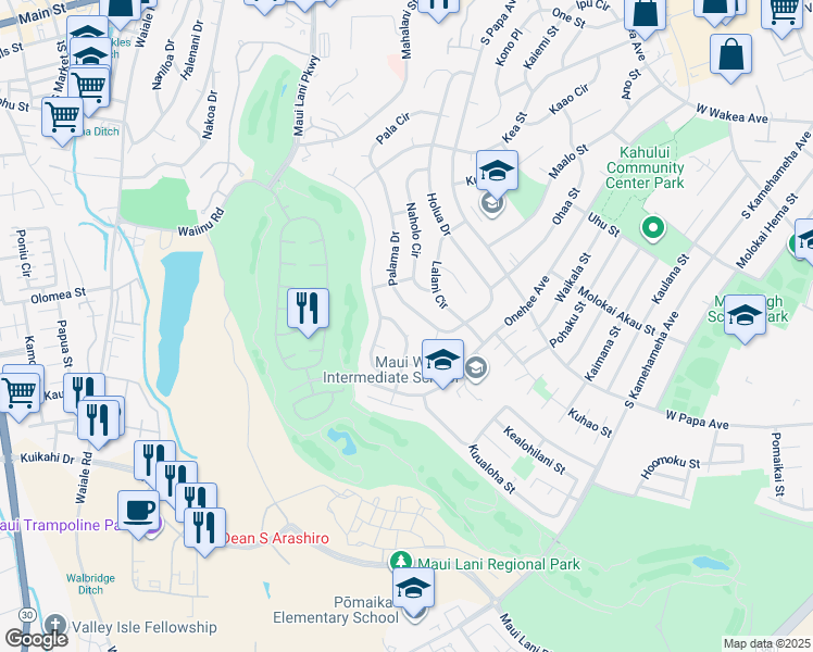 map of restaurants, bars, coffee shops, grocery stores, and more near 186 Huluhulu Street in Kahului