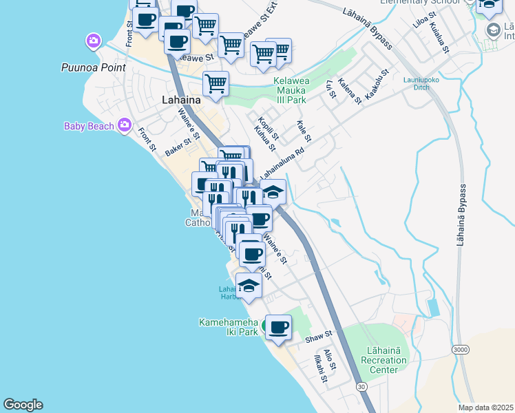 map of restaurants, bars, coffee shops, grocery stores, and more near 760 Wainee Street in Lahaina