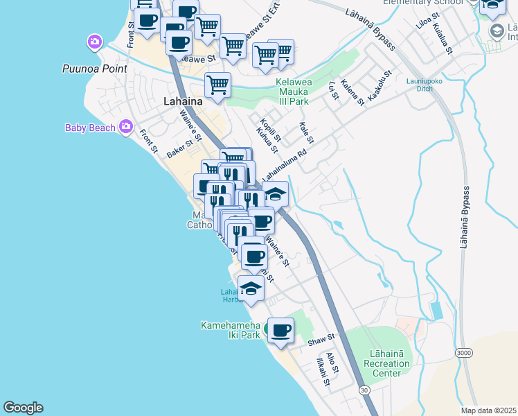 map of restaurants, bars, coffee shops, grocery stores, and more near 760 Wainee Street in Lahaina