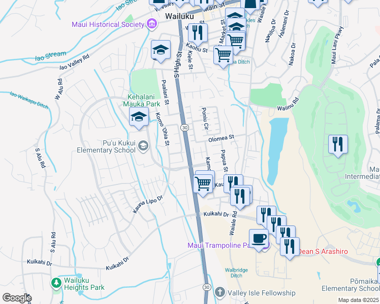 map of restaurants, bars, coffee shops, grocery stores, and more near 26 Kolopua Place in Wailuku