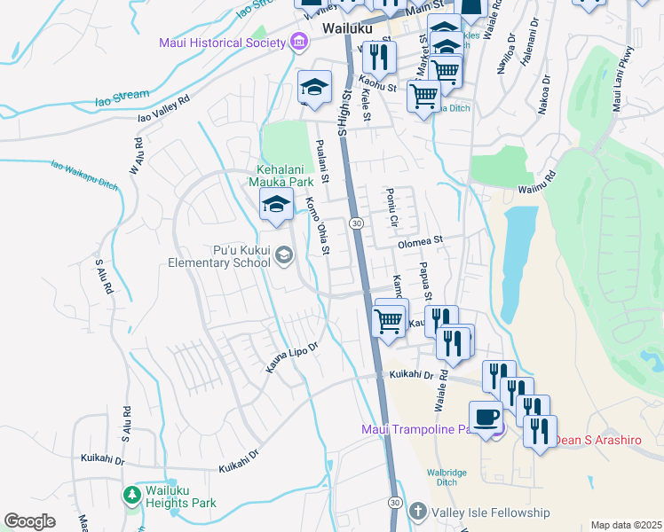 map of restaurants, bars, coffee shops, grocery stores, and more near 649 Koma 'Ohia Street in Wailuku