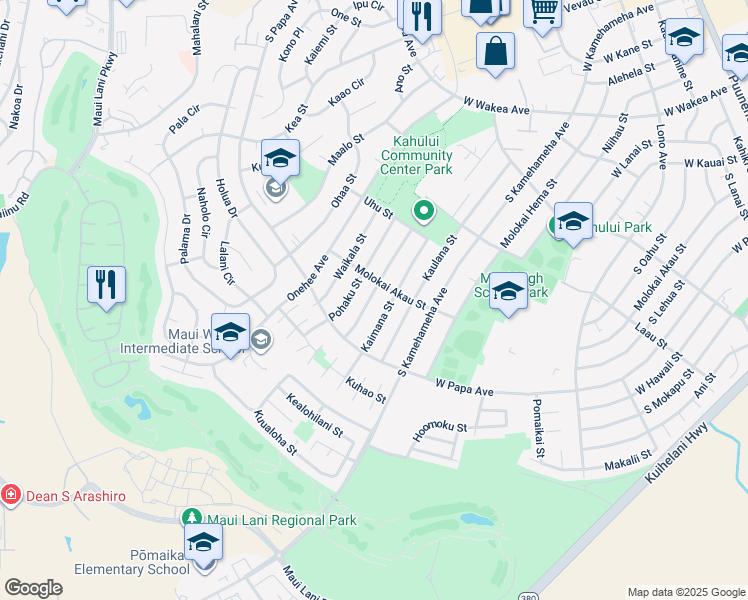 map of restaurants, bars, coffee shops, grocery stores, and more near 577 Pohai Street in Kahului