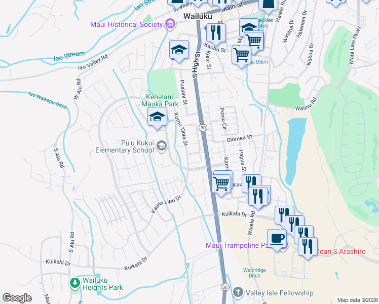 map of restaurants, bars, coffee shops, grocery stores, and more near 649 Koma 'Ohia Street in Wailuku
