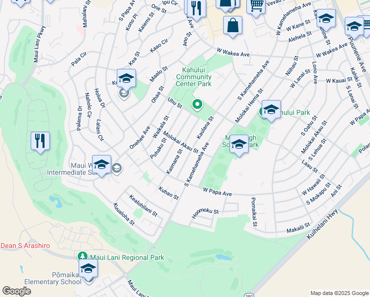 map of restaurants, bars, coffee shops, grocery stores, and more near 647 Molokai Akau Street in Kahului
