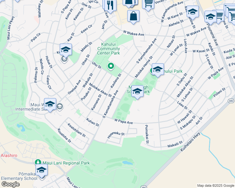 map of restaurants, bars, coffee shops, grocery stores, and more near 537 South Kamehameha Avenue in Kahului