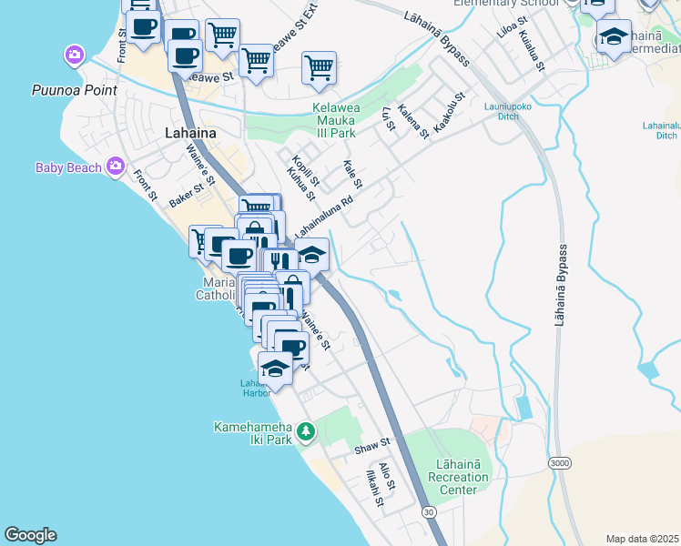 map of restaurants, bars, coffee shops, grocery stores, and more near 308 Dickenson Street in Lahaina
