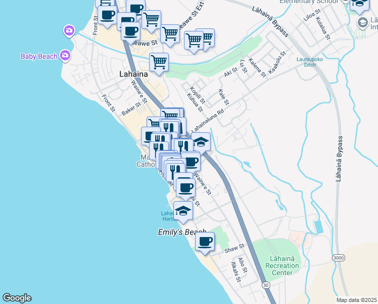 map of restaurants, bars, coffee shops, grocery stores, and more near 760 Wainee Street in Lahaina