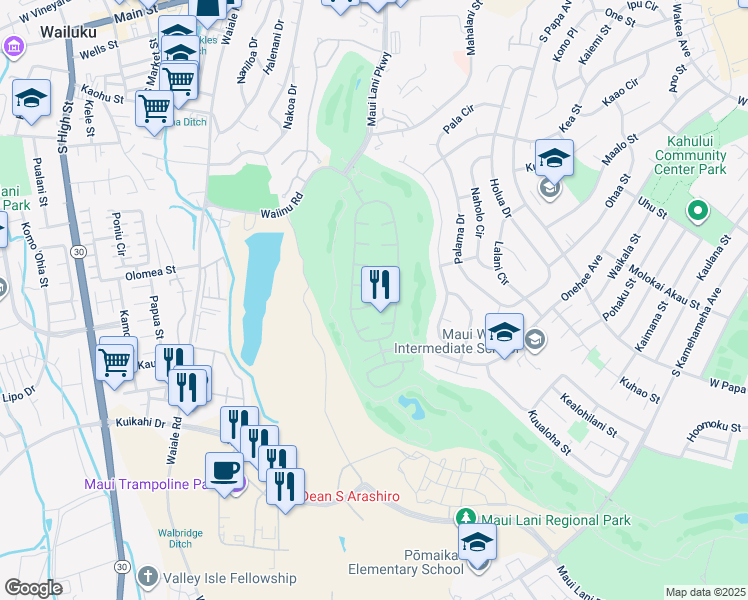 map of restaurants, bars, coffee shops, grocery stores, and more near 31 Inoa Po Place in Kahului