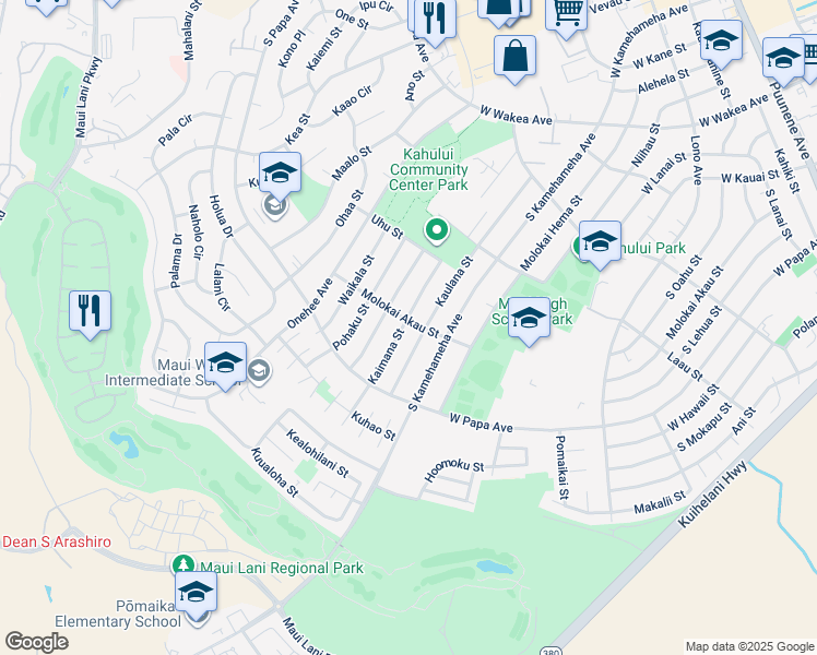 map of restaurants, bars, coffee shops, grocery stores, and more near 647 Molokai Akau Street in Kahului