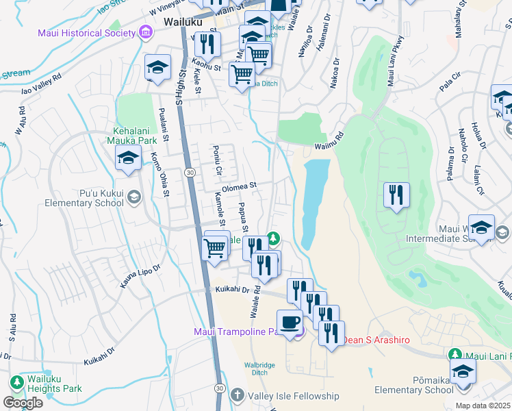 map of restaurants, bars, coffee shops, grocery stores, and more near 660 Meakanu Lane in Wailuku