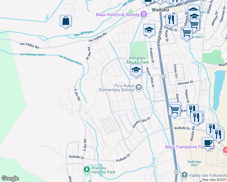 map of restaurants, bars, coffee shops, grocery stores, and more near 105 Pua Kalaunu in Wailuku