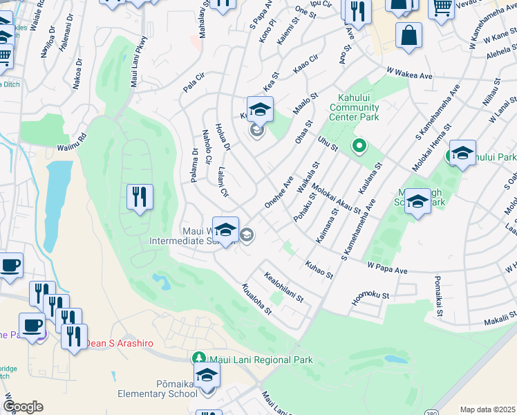 map of restaurants, bars, coffee shops, grocery stores, and more near 734 Onehee Avenue in Kahului