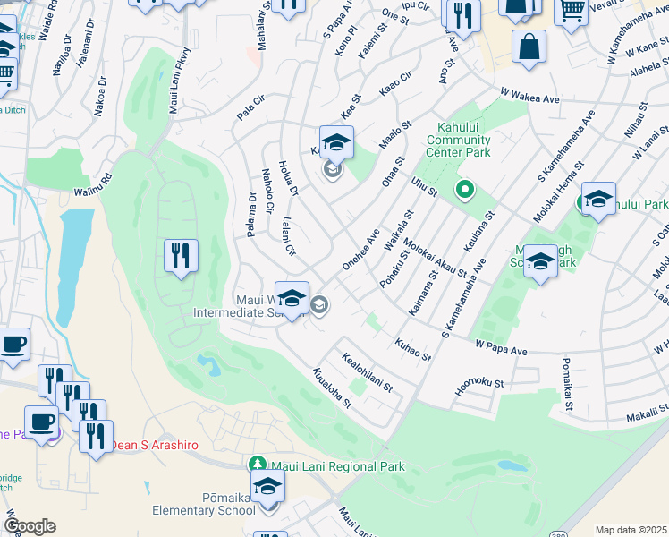 map of restaurants, bars, coffee shops, grocery stores, and more near 734 Onehee Avenue in Kahului