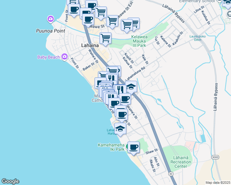 map of restaurants, bars, coffee shops, grocery stores, and more near 196 Lahainaluna Road in Lahaina